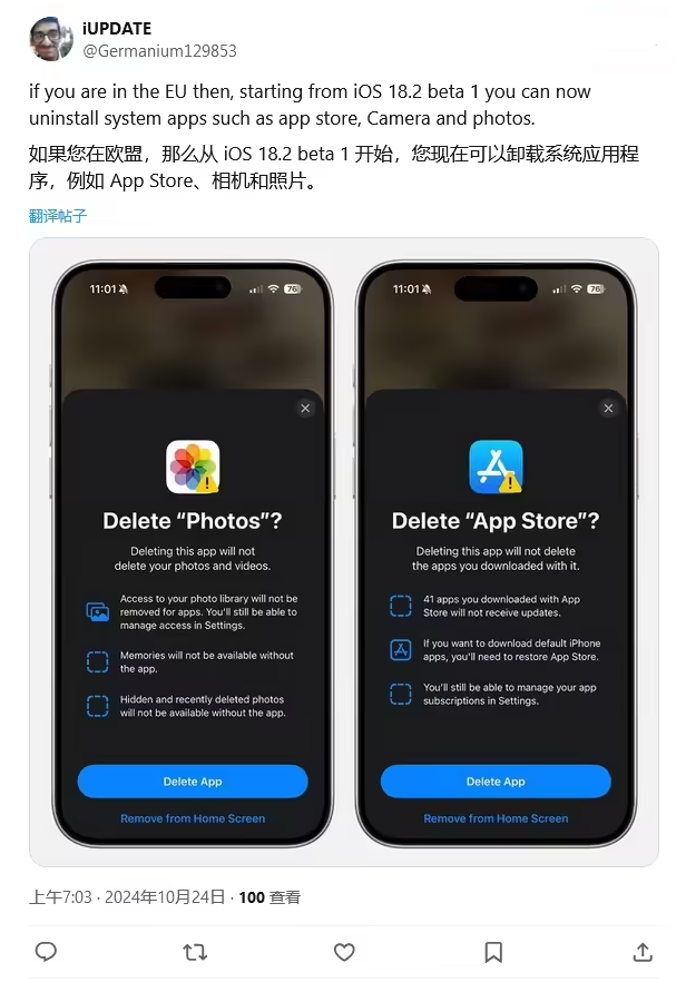 兴宾苹果手机维修分享iOS 18.2 支持删除 App Store 应用商店 