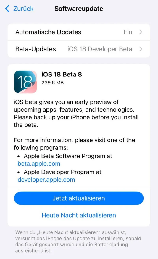 兴宾苹果手机维修分享苹果 iOS / iPadOS 18 开发者预览版 Beta 8 发布 